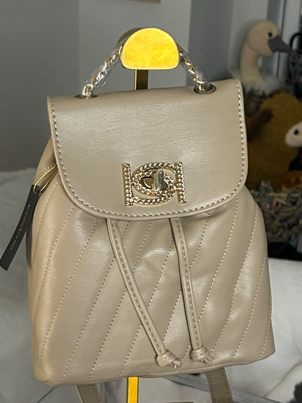 bebe Quilted Beige Mini Backpack with Chain-Accent Handle 8.25”x 6”x 3” NWT